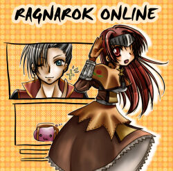  1boy 1girl 2000s_(style) :3 backpack bag blue_eyes brown_capelet brown_dress capelet closed_mouth commentary_request copyright_name cowboy_shot cross cross_earrings dress earrings floral_print jewelry long_hair looking_at_viewer one_eye_closed open_mouth orange_background poring priest_(ragnarok_online) ragnarok_online red_eyes red_hair rose_print short_hair slime_(creature) smile swordsman_(ragnarok_online) tomiya_airu visor_(armor) 