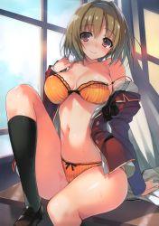 1girl absurdres areola_slip bare_shoulders black_socks blazer blush bow bow_panties bra breasts brown_hair desk female_focus highres huge_filesize indoors jacket knee_up kneehighs kushida_kikyou large_breasts lens_flare lingerie loafers long_sleeves looking_at_viewer navel off_shoulder official_art on_desk open_clothes open_jacket open_shirt orange_bra orange_panties panties red_eyes ribbon school_desk school_uniform shirt shoes short_hair sitting smile socks solo strap_slip striped_bra striped_clothes striped_panties sunlight sweat tomose_shunsaku underwear vertical-striped_bra vertical-striped_clothes vertical-striped_panties window window_shadow youkoso_jitsuryoku_shijou_shugi_no_kyoshitsu youkoso_jitsuryoku_shijou_shugi_no_kyoushitsu_e rating:Questionable score:53 user:danbooru