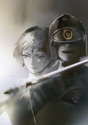  1boy 1girl closed_mouth eyelashes grey_background grey_theme hat hat_over_eyes holding holding_sword holding_weapon horocca kaze_no_tani_no_nausicaa kushana looking_to_the_side namulith short_hair sword sword_to_throat tunic upper_body weapon 