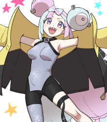  &gt;:) 1girl blue_hair bow-shaped_hair breasts character_hair_ornament creatures_(company) game_freak grey_pantyhose hair_ornament hexagon_print highres iono_(pokemon) jacket long_hair long_sleeves looking_at_viewer medium_breasts multicolored_hair nintendo nutkingcall open_clothes open_jacket open_mouth outstretched_arms oversized_clothes pantyhose pink_hair pokemon pokemon_sv purple_eyes sharp_teeth single_leg_pantyhose sleeveless smile solo split-color_hair standing standing_on_one_leg star_(symbol) teeth twintails upper_teeth_only v-shaped_eyebrows very_long_hair white_background x yellow_jacket 