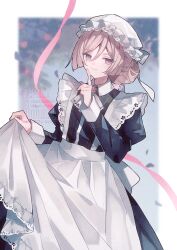  1boy apron apron_hold ascot black_dress blue_background blunt_sidelocks blurry blurry_background border boys_be_maid! brooch closed_mouth collared_dress contrast_collar crossdressing crossdressing_(mtf) dress eringikinono falling_leaves feet_out_of_frame finger_to_mouth hair_between_eyes hair_bun hat highres index_finger_raised jewelry juliet_sleeves kisaki_yoka lace-trimmed_apron lace_trim leaf long_dress long_sleeves looking_at_viewer maid maid_apron male_focus male_maid mob_cap mole mole_under_eye outside_border pink_eyes pink_hair pink_ribbon puffy_sleeves ribbon shushing sidelocks single_hair_bun skirt_hold smile solo standing trap tree victorian_maid watermark white_apron white_ascot white_border 