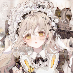  1girl ahoge animal_ears animal_print apron artist_request bad_id bad_mihuashi_id black_bow black_bowtie black_dress black_ribbon blonde_hair bow bowtie braid brown_bow buttons club_(shape) club_earrings collared_shirt commission dated dot_nose dress earrings expressionless fingernails frilled_apron frilled_hairband frills hair_between_eyes hair_bow hair_ornament hair_ribbon hairband hand_up jewelry light_blush light_particles lips lolita_hairband long_hair lop_rabbit_ears maid mismatched_earrings mole mole_under_eye multiple_hair_bows original parted_lips pink_lips rabbit_ears rabbit_hair_ornament rabbit_print ribbon ribbon-trimmed_dress ribbon_trim sample_watermark shirt shirt_under_dress short_sleeves single_braid sleeveless sleeveless_dress solo spade_(shape) spade_earrings too_many_watermarks tress_ribbon upper_body very_long_hair watermark watermark_grid white_apron white_bow white_hairband white_shirt yellow_eyes 