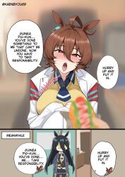  2girls absurdres agnes_tachyon_(umamusume) ahoge animal_ears black_hair breasts brown_hair coffee_mug cup english_text hair_between_eyes heavy_breathing highres horse_ears horse_girl hot_dog kaenby0u69 large_breasts long_hair manhattan_cafe_(umamusume) mug multiple_girls open_mouth pov red_eyes sexually_suggestive shaking tongue tongue_out umamusume very_long_hair yellow_eyes 