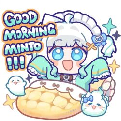  1girl :d =_= blanket blue_eyes bow bowtie brown_bow brown_bowtie chibi commentary english_commentary english_text ghost gradient_hair green_hair green_shirt highres hoho indie_virtual_youtuber maid_headdress mint_fantome mint_fantome_(minto_2.0) multicolored_hair open_mouth pillow shirt simple_background sleeves_past_fingers sleeves_past_wrists smile solo_focus sparkle two_side_up virtual_youtuber white_background white_hair wisps_(mint_fantome) 