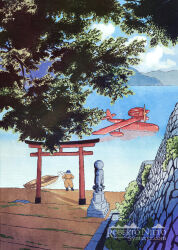  1boy aircraft airplane artist_name black_boots boat boots brown_jumpsuit cloud commentary day english_commentary flight_suit helmet highres jumpsuit kurenai_no_buta lake moss outdoors porco_rosso_(character) rowboat scenery seaplane signature solo standing statue stone_wall syntetyc torii tree watercraft watermark 