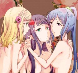  10s 3girls black_hair blonde_hair blue_hair blunt_bangs breasts flower girl_sandwich green_eyes hair_flower hair_ornament hand_on_another&#039;s_chin hand_on_another&#039;s_shoulder hime_cut holding_hands interlocked_fingers kurosawa_dia long_hair love_live! love_live!_sunshine!! matsuura_kanan mole mole_under_mouth multiple_girls nude ohara_mari parted_lips pecopewo ponytail purple_eyes sandwiched yellow_eyes yuri 