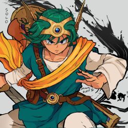  1boy alt_text aqua_tunic artist_collaboration blue_gemstone character_name commentary copyright_name cowboy_shot dragon_quest dragon_quest_iv english_commentary fins floating_clothes floating_hair forehead_protector gem green_hair head_fins hero_(dq4) highres holding holding_sword holding_weapon looking_ahead lunchiblz male_focus munchiez_0 orange_sash pants purple_eyes scabbard sheath shield shirt solo sword tunic weapon white_background white_pants white_shirt 
