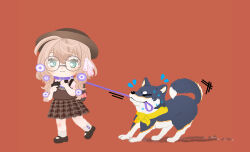  1girl :3 animal_collar animal_holding_leash aqua_eyes blonde_hair blush braid bright_pupils brown-framed_eyewear brown_background brown_hat brown_shoes brown_skirt brown_sweater_vest chibi closed_eyes closed_mouth collar commentary_request dog dragging flower flying_sweatdrops glasses grey_dog gun hair_flower hair_ornament hair_ribbon handgun hat holding holding_back holding_gun holding_leash holding_weapon kuroi_shiba leash leash_in_mouth leash_pull long_hair low_twin_braids mary_janes miniskirt neckerchief nijisanji nijisanji_gta pink_shirt plaid_clothes plaid_skirt purple_collar purple_flower ribbon round_eyewear sakuramochir shiba_inu shirt shoes short_sleeves simple_background skid_mark skirt smile socks sweat sweatdrop sweater_vest twin_braids virtual_youtuber walking weapon white_pupils white_ribbon white_socks yaguruma_rine yellow_neckerchief 