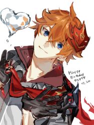  1boy black_gloves blue_eyes earrings genshin_impact gloves hair_between_eyes highres jewelry looking_at_viewer male_focus mask mask_on_head meameeea orange_hair red_mask red_scarf scarf short_hair simple_background single_earring solo tartaglia_(genshin_impact) tassel tassel_earrings white_background 