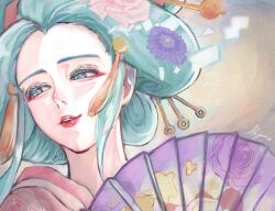  1girl aqua_hair blue_eyes close-up commentary_request eyeshadow hand_fan highres holding holding_fan japanese_clothes kimono kouzuki_hiyori looking_to_the_side makeup nihongami oiran one_piece parted_lips red_eyeshadow red_lips sayo_akito signature smile solo 