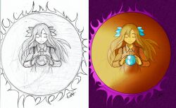  1girl absurdres before_and_after blonde_hair closed_eyes gold_skin graphite_(medium) greyscale highly_responsive_to_prayers highres horns japanese_clothes kikuri_(touhou) long_hair long_sleeves monochrome oni1994 orb signature solo touhou touhou_(pc-98) traditional_media 