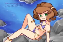  1girl anklet arm_support armlet barefoot bikini blush brown_hair calendar collarbone dancer disney drantyno flat_chest green_eyes grin hair_ornament harem_outfit highres jewelry loli looking_at_viewer navel navel_piercing necklace piercing purple_bikini rock short_hair sitting smile sofia_(disney) sofia_the_first swimsuit teeth thighlet water 