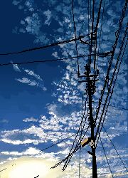  blue_sky camera cloud cloudy_sky highres hisachan55cute no_humans original outdoors pixel_art power_lines scenery silhouette sky sky_focus sunrise utility_pole 