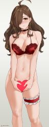 1girl absurdres ahoge blush bottomless box bra breasts frilled_thigh_strap brown_eyes brown_hair choker cleavage commentary covering_crotch covering_privates cowboy_shot cross cross_earrings earrings embarrassed female_focus hair_over_one_eye heart heart-shaped_box highres jewelry kono_subarashii_sekai_ni_shukufuku_wo! lace lace-trimmed_bra lace_trim large_breasts long_hair looking_at_viewer navel red_bra sendo_(sendrawz) simple_background smile solo thigh_strap twitter_username underwear valentine very_long_hair wiz_(konosuba) rating:Questionable score:173 user:danbooru
