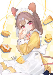  1girl absurdres animal_ears apron bow bowtie braid brown_hair cheese clenched_hands colored_inner_hair dress food frilled_apron frills grey_hair highres looking_at_viewer maid maid_headdress mouse_(animal) mouse_ears mouse_girl mouse_tail multicolored_hair original own_hands_together parted_lips pink_bow pink_bowtie red_eyes shishiodoshi short_hair sitting solo tail twitter_username wariza white_apron yellow_dress 
