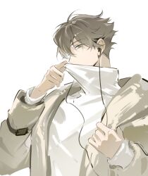  1boy alternate_costume arm_belt arm_up belt belt_buckle brown_eyes brown_hair buckle commentary covered_mouth fandangyu haikyuu!! hashtag-only_commentary headphones highres jacket layered_sleeves long_sleeves looking_at_viewer male_focus oikawa_tooru_(haikyuu!!) open_clothes open_jacket parted_hair shirt simple_background solo turtleneck white_background white_jacket white_shirt 