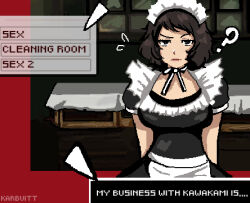  1girl ? apron arms_behind_back artist_name black_dress black_hair breasts closed_mouth cowboy_shot dress english_text fake_screenshot frills impossible_clothes impossible_dress indoors karbuitt kawakami_sadayo large_breasts looking_at_viewer lowres maid maid_apron maid_headdress medium_hair neck_ribbon official_alternate_costume persona persona_5 pixel_art raised_eyebrow ribbon short_sleeves solo swept_bangs 