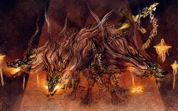  1other absurdres calligraphy_brush_(medium) cerberus chain deadpool_yuchan elden_ring elden_ring_nightreign gladius_(elden_ring) glowing glowing_eyes glowing_mouth highres monster multiple_heads no_humans sharp_teeth snout teeth yellow_eyes 