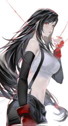  1girl absurdres bare_shoulders black_hair black_skirt black_sleeves blush breasts commentary_request cowboy_shot crop_top detached_sleeves duoj_ji final_fantasy final_fantasy_vii fingerless_gloves from_side gloves groin hand_up highres large_breasts lips long_hair looking_at_viewer low-tied_long_hair midriff miniskirt parted_lips pink_lips red_eyes red_gloves skirt solo string string_of_fate suspender_skirt suspenders tank_top tifa_lockhart twitter_username white_background white_tank_top 