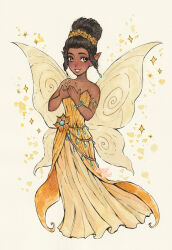 1girl black_hair braid dark-skinned_female dark_skin disney_fairies_(movie_series) dress fairy fairy_wings hair_bun highres iridessa_(disney) kuridel pointy_ears simple_background single_hair_bun smile solo traditional_media very_dark_skin wings 