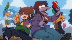  1boy 1other 2girls 365mimimi :v ^_^ animal_ears antlers barefoot beak berdly_(deltarune) bird_boy black_shoes blonde_hair blue_feathers blue_pants blue_sky box brown_fur brown_hair brown_shoes buck_teeth checkered_clothes checkered_vest chocolate closed_eyes cloud collared_shirt colored_skin deer_antlers deer_ears deer_girl deltarune denim feathers food freckles furry furry_female gift gift_box glasses green_sweater happy happy_valentine heart-shaped_box highres holding holding_box holding_chocolate holding_food horns jacket jeans kris_(deltarune) long_hair medium_hair multiple_girls noelle_holiday open_clothes open_jacket open_mouth pants purple_jacket purple_scales purple_skin reindeer_antlers reindeer_girl reptile_girl shaded_face sharp_teeth shirt shoes shorts single_horizontal_stripe skirt sky smile susie_(deltarune) sweater teeth tree two-tone_sweater_vest vest wide-eyed 