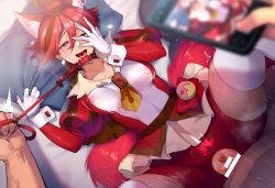 1boy 1girl ahegao cellphone censored collar cure_chocolat dog_girl dog_tail hetero kenjou_akira kirakira_precure_a_la_mode leash magical_girl minamoto_(mutton) phone pov precure pubic_hair red_eyes red_hair see-through_clothes short_hair tail torn_clothes rating:Explicit score:55 user:krystalfoxlover