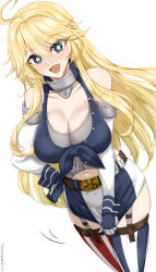 1girl ahoge american_flag_legwear asymmetrical_legwear belt belt_buckle blonde_hair blue_eyes blush breasts brown_belt buckle chamumi_(mochiumee) cleavage commentary_request cowboy_shot elbow_gloves embarrassed fang fingerless_gloves front-tie_top garter_straps gloves hair_between_eyes hand_on_own_hip highres iowa_(kancolle) kantai_collection large_breasts long_hair looking_at_viewer mismatched_legwear open_mouth simple_background skindentation skirt skirt_tug solo star-shaped_pupils star_(symbol) striped_clothes striped_skirt striped_thighhighs sweatdrop symbol-shaped_pupils thighhighs vertical-striped_clothes vertical-striped_skirt vertical-striped_thighhighs white_background 