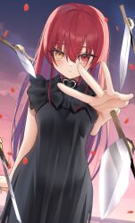  1girl black_dress blurry blurry_foreground commentary_request dead_ma&#039;am&#039;s_chest_(houshou_marine) dress falling_petals floating floating_object floating_sword floating_weapon frilled_dress frills hair_between_eyes heterochromia highres hololive houshou_marine long_hair looking_at_viewer ocean outdoors outstretched_arm parted_lips petals reaching reaching_towards_viewer red_eyes red_hair sidelocks solo sword thomas_8000 very_long_hair virtual_youtuber weapon yellow_eyes 