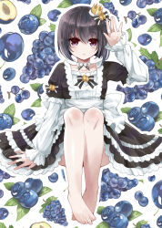  1girl apron bare_legs barefoot black_dress black_hair blueberry blush bob_cut bow breasts crown dress expressionless eyelashes feet food food-themed_background frilled_apron frilled_dress frills fruit gothic_lolita grapes hand_up highres inverted_bob juliet_sleeves kinoshita_sakura knees knees_up lolita_fashion long_sleeves looking_at_viewer mini_crown official_alternate_costume official_alternate_hair_color puffy_sleeves purple_eyes short_hair small_breasts solo striped_bow tactics waist_apron white_apron youko_(tactics) 