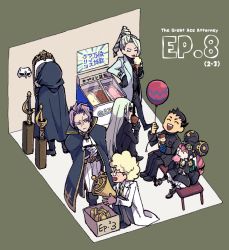  2girls 5boys :| ^_^ ace_attorney afro albert_harebrayne ascot balloon barok_van_zieks belt bench black_cloak black_dress black_eyes black_footwear black_gloves black_hair black_headwear black_pants black_shirt blonde_hair bloomers boots box breast_pocket brown_footwear brown_legwear bun_cover buttons capcom cardboard_box child clenched_hand cloak closed_eyes closed_mouth coat copyright_name courtney_sithe cross_scar crossed_arms double_bun dress eating english_text enoch_drebber eye_contact food freckles from_behind full_body glasses gloves green_background green_necktie hair_bun hair_intakes half-closed_eyes hand_up hands_up happy hat head_back high_ponytail holding holding_balloon holding_food hood hood_up hooded_cloak ice_cream ice_cream_cone iris_wilson japanese_text lab_coat legs_together licking long_hair long_sleeves looking_at_another looking_down looking_up mask masked_apprentice_(ace_attorney) matching_hair/eyes mirror multiple_boys multiple_girls necktie open_clothes open_coat open_mouth pants pantyhose pink_hair pocket ponytail puffy_short_sleeves puffy_sleeves purple_eyes purple_hair red_necktie ryunosuke_naruhodo scar scar_on_face shino_(shino_dgs) shirt shoes short_hair short_sleeves sign simple_background sitting smile socks squatting standing striped_clothes striped_legwear striped_socks sword teeth the_great_ace_attorney the_great_ace_attorney_2:_resolve tongue tongue_out translation_request twintails underwear unworn_mask vertical-striped_clothes vertical-striped_socks weapon white_ascot white_coat white_gloves white_pants  rating:General score:2 user:AngryZapdos
