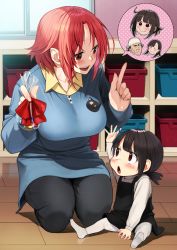  1boy 4girls arm_up bag black_dress black_pants blouse blue_sweater blush bow breasts brown_hair child commentary_request contemporary dress grey_shirt happy highres holding hyoizaburoo index_finger_raised indoors izawa_(bhive003) komekko kono_subarashii_sekai_ni_shukufuku_wo! large_breasts megumin multiple_girls pants plastic_bag red_bow red_eyes red_hair shirt short_hair sitting smile sweater unamused v-shaped_eyebrows white_legwear wolbach yuiyui_(konosuba)  rating:General score:48 user:danbooru