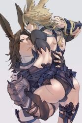  2boys alternate_species animal_ears arm_around_leg arm_strap arm_up armor armored_leotard ass between_legs black_choker black_gloves blonde_hair blue_eyes brown_hair bulge cheek_press choker cloud_strife commentary_request cropped_torso crossdressing crossdressing_(mtf) final_fantasy final_fantasy_vii final_fantasy_viii final_fantasy_xiv fingerless_gloves gloves grey_background hair_intakes hand_in_own_hair hand_on_another&#039;s_back hand_on_another&#039;s_shoulder hand_on_another&#039;s_thigh head_on_chest highres kemonomimi_mode knee_up large_pectorals leotard long_hair looking_at_another looking_back male_focus multiple_boys parted_bangs pauldrons pectorals rabbit_ears ryouto scar scar_on_face shoulder_armor simple_background spiked_hair squall_leonhart thigh_strap toned toned_male upper_body viera warrior_of_light_(ff14) yaoi 
