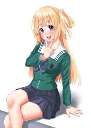  1girl 22/7 :d black_bow black_bowtie black_skirt blonde_hair blush bow bowtie crossed_legs feet_out_of_frame flower fujima_sakura green_shirt hair_flower hair_ornament hair_rings hand_on_floor highres long_hair long_sleeves looking_at_viewer miniskirt one_side_up open_mouth plaid_clothes plaid_skirt pleated_skirt purple_eyes rokubanchou_school_uniform sailor_collar school_emblem school_uniform serafuku shirt single_hair_ring sitting skirt smile solo teeth upper_teeth_only v v_over_mouth white_background white_sailor_collar winter_uniform zaki_(loud_factory) 