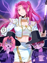  1girl 2boys abby_(kpop_demon_hunters) bandaid bandaid_on_stomach black_gloves black_hanbok black_hat brown_eyes choker colored_skin commentary_request covering_own_mouth crop_top cropped_jacket curtained_hair dripping_eye ear_cuffs ear_piercing eyes_visible_through_hair eyeshadow facial_mark fingerless_gloves fingernails fishnet_top fishnets furrowed_brow gat_(hat) gloves glowing glowing_weapon grin hanbok hands_up hat highres holding holding_polearm holding_weapon jacket korean_clothes korean_commentary kpop_demon_hunters long_hair long_sleeves looking_at_own_stomach looking_at_viewer makeup medium_hair midriff mira_(kpop_demon_hunters) multiple_boys nervous_smile open_clothes open_jacket open_mouth outline parted_bangs piercing pink_eyeshadow pink_hair polearm purple_skin red_hair romance_(kpop_demon_hunters) sharp_fingernails shirt short_hair slit_pupils smile speech_bubble spoken_skull studded_jacket suju0813 surprised sweat turn_pale two_side_up very_long_hair weapon white_choker white_jacket white_outline white_shirt wide_sleeves yellow_eyes 