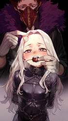  1boy 1girl arms_behind_back ball_gag bdsm bodysuit boku_no_hero_academia bondage bound breasts code:074 collar eri_(boku_no_hero_academia) female_focus gag gagged harness heart heart-shaped_pupils highres horns latex latex_bodysuit loli long_hair overhaul_(boku_no_hero_academia) peril red_eyes restrained slave small_breasts solo_focus symbol-shaped_pupils white_hair wiffle_gag  rating:Questionable score:203 user:danbooru