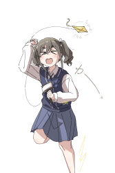  &gt;_&lt; 1girl absurdres arm_up ascot blue_ascot blue_skirt blue_sweater_vest blush collared_shirt commentary dress_shirt foot_out_of_frame grey_hair highres kiriyama_ann kite_flying leg_up ltv1119 medium_hair medium_skirt mono_(afro) open_mouth pleated_skirt school_uniform shirt sidelocks simple_background skirt solo sound_effects sweater_vest twintails white_background white_shirt 