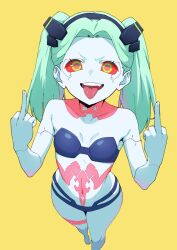  1girl :p aqua_hair blue_skin breasts cleavage colored_sclera colored_skin commentary_request cyberpunk_(series) cyberpunk_edgerunners double_middle_finger fingernails green_eyes highres kamidan looking_at_viewer medium_hair middle_finger open_mouth rebecca_(cyberpunk) red_sclera simple_background small_breasts solo teeth tongue tongue_out twintails upper_teeth_only yellow_background  rating:Sensitive score:65 user:danbooru