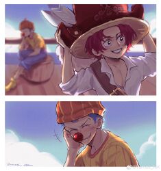  2boys absurdres aged_down blue_sky buggy_the_clown cloud clown_nose day grin hat highres looking_at_another male_focus multiple_boys one_piece orange_hat outdoors pectoral_cleavage pectorals pirate_hat shanks_(one_piece) shirt short_hair signature sitting sky smile straw_hat vamos_mk white_shirt yellow_shirt 