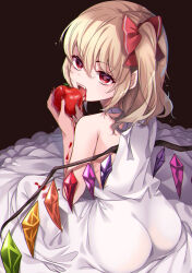  1girl alternate_costume apple ass bare_arms bare_shoulders blonde_hair blood blood_from_mouth blood_on_clothes blood_on_hands bow commentary_request crystal crystal_wings dress eating fangs fingernails flandre_scarlet food fruit hair_between_eyes hair_bow highres holding holding_food holding_fruit looking_at_viewer looking_back meimei_(meimei89008309) multicolored_wings nail_polish no_headwear one_side_up open_mouth pointy_ears red_bow red_eyes red_nails sitting solo teeth touhou upper_teeth_only white_dress wings 