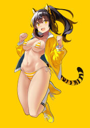  1girl animal_ears bikini blush breasts brown_hair cleavage collarbone commentary_request fake_animal_ears hairband highres jacket kekemotsu kneehighs large_breasts long_hair long_sleeves looking_at_viewer navel open_clothes open_jacket open_mouth original ponytail shoes sidelocks smile socks solo striped_bikini striped_clothes swimsuit tail thighs tiger_ears tiger_stripes tiger_tail yellow_background yellow_bikini yellow_eyes yellow_jacket yellow_shoes 