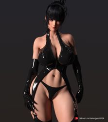  3d absurdres alternate_breast_size black_hair breasts cleavage dead_or_alive gloves hair_bun highres large_breasts latex latex_gloves latex_legwear looking_at_viewer mole mole_under_mouth nyotengu purple_eyes shinigami0139 single_hair_bun smirk stomach thick_thighs thighs  rating:Explicit score:30 user:Mixed_Bread