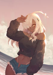  1girl artist_name bare_shoulders beach blonde_hair blue_shorts dark-skinned_female dark_skin dragalia_lost hair_over_one_eye juwei long_hair looking_at_viewer midriff mole mole_under_eye nadine_(dragalia_lost) navel off-shoulder_sweater off_shoulder short_shorts shorts solo sweater tongue tongue_out yellow_eyes  rating:Sensitive score:16 user:danbooru