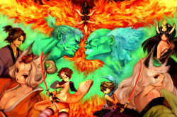  3boys 4girls animal_ears armor artist_request back bad_id bad_pixiv_id bare_shoulders beard black_hair breasts cleavage deba facial_hair fox_ears gloves hair_over_one_eye hair_up helmet highres holding holding_sword holding_weapon izuna_jinkuro jinkuro katana kisuke kongiku leaf leaf_on_head lips long_hair momohime multiple_boys multiple_girls mustache object_on_head oboro_muramasa oboroya_senjyu off_shoulder opposing_sides purple_legwear sword thighhighs torahime two-handed wavy_hair weapon white_gloves yagyuu_yukinojou yuzuruha  rating:Sensitive score:23 user:danbooru