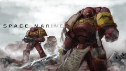  3boys adeptus_astartes armor blood blood_angels bolter corpse dreadnought_(warhammer_40k) full_armor heavy_bolter helmet multiple_boys pauldrons power_sword purity_seal science_fiction shoulder_armor warhammer_40k weapon zhuoge_141_hao 