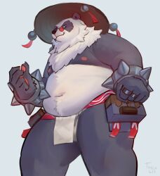  1boy absurdres animal_ears artist_name bara belly black_fur bracelet claws clenched_hand closed_mouth commentary english_commentary fat from_below fundoshi furry furry_male highres japanese_clothes jewelry looking_at_viewer looking_down male_focus multicolored_fur multiple_rings navel nipples pan_yinhu panda_boy panda_ears pawpads pectorals plump ring round_eyewear smile spiked_bracelet spikes toicobis topless_male white_fur wok zenless_zone_zero 
