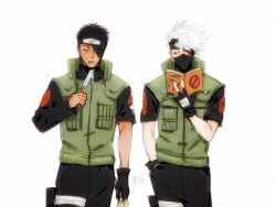 2boys black_hair book food grey_hair hatake_kakashi icha_icha_(naruto) long_sleeves male_focus mask mi_lu_zaosheng mouth_mask multiple_boys naruto_(series) naruto_shippuuden popsicle scar scar_on_face short_hair spiked_hair uchiha_obito vest