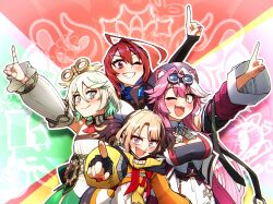  ahoge animal_ears beret black_gloves black_hat black_tube_top blue_hair blush brown_hair cat_ears cat_girl cecilia_immergreen cecilia_immergreen_(1st_costume) ddolbang doll_joints dress elizabeth_rose_bloodflame elizabeth_rose_bloodflame_(1st_costume) fangs fingerless_gloves gigi_murin gigi_murin_(1st_costume) gloves goggles goggles_on_head green_eyes green_hair hat highres holojustice hololive hololive_english jacket joints long_hair looking_at_viewer multicolored_hair one_eye_closed open_mouth orange_shrug pink_hair pink_jacket purple_eyes raora_panthera raora_panthera_(1st_costume) red_eyes shirt short_hair short_twintails smile strapless streaked_hair tube_top twintails two-tone_hair very_long_hair vest virtual_youtuber white_dress white_shirt white_vest winding_key yellow_eyes 