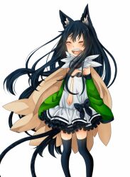  1girl alchemist_(ragnarok_online) animal_ears black_bow black_hair black_thighhighs blush bow brown_cape cape cat_ears cat_girl cat_tail closed_eyes commentary_request detached_sleeves dress feet_out_of_frame flat_chest frilled_dress frills fur_collar green_sleeves long_hair meiko_(nattu303) multiple_tails navel open_mouth ragnarok_online short_dress simple_background sleeves_past_fingers sleeves_past_wrists smile solo standing strapless strapless_dress tail teeth thighhighs two_tails very_long_hair white_background 