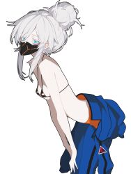  1girl absurdres bikini bikini_top_only blue_eyes blue_jacket breasts clothes_around_waist commentary_request deux_murasame gundam gundam_gquuuuuux highres jacket jacket_around_waist looking_at_viewer mask medium_hair mouth_mask simple_background small_breasts solo swimsuit vxdrq white_background white_hair 