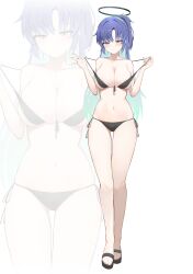  1girl absurdres aipa alternate_costume bare_arms bare_legs bikini bikini_tug black_bikini blue_archive blush breasts collarbone commentary_request front-tie_bikini_top front-tie_top full_body half_updo halo highres large_breasts long_hair looking_at_viewer navel purple_hair sand side-tie_bikini_bottom stomach string_bikini swimsuit very_long_hair yuuka_(blue_archive) zoom_layer 